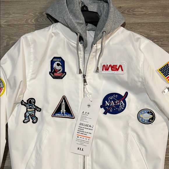 White NASA Bomber Jacket with Space Patches and Gray Hood - Picture 2 of 9